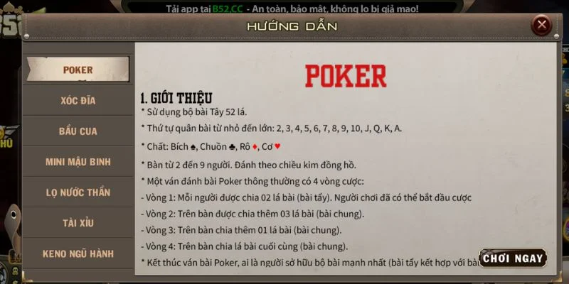 Thông tin tổng quan về game bài Poker B52 Club